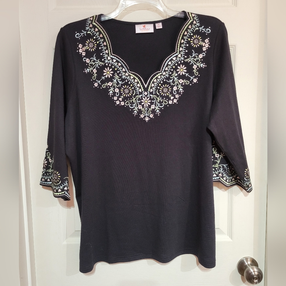 Quacker Factory Embroidered Scalloped Elbow Sleeve Top Black